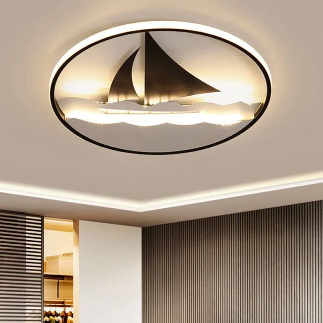 Black Sailboat Flushmount Lamp For Kids’ Rooms - Ocean - Themed Led Fixture