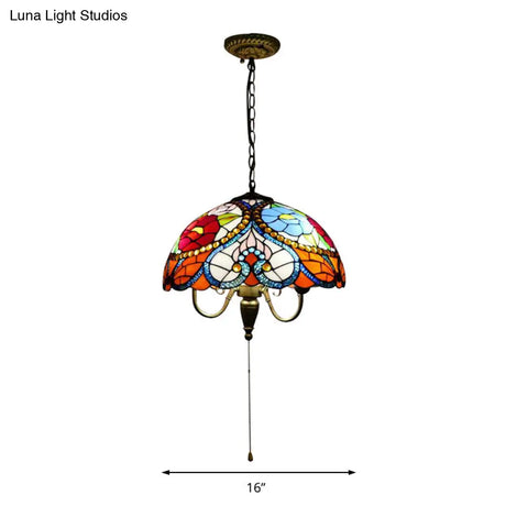 Victorian 3-Head Stained Glass Bowl Pendant Lamp - Black Ceiling Hanging Light With/Without Pull