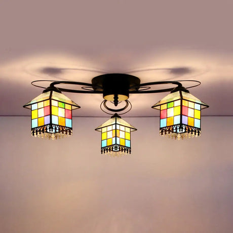 Black Tiffany Stained Glass 3 - Light Flushmount For Small Bedroom