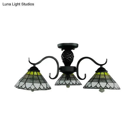 Black Tiffany Style Stained Glass Ceiling Light - 3 - Light Flush Mount For Bedroom