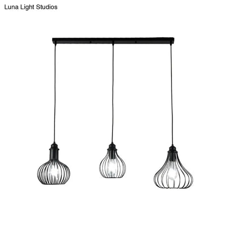 Black Vintage Onion Caged Pendant Light Fixture With 3 Bulbs - Metal Hanging For Restaurants