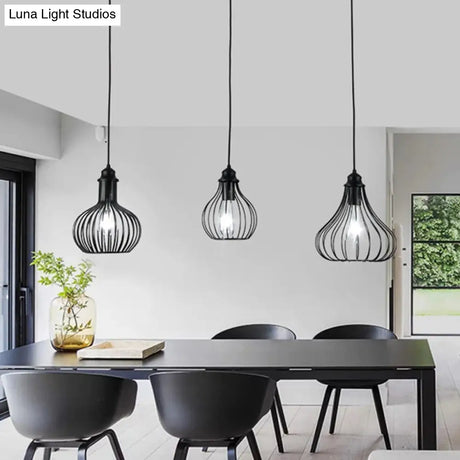 Black Vintage Onion Caged Pendant Light Fixture With 3 Bulbs - Metal Hanging For Restaurants