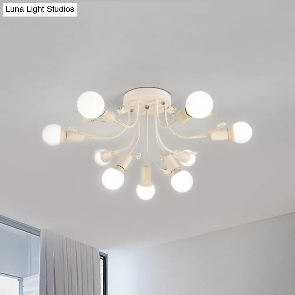 Black/White/Gold Metal Curved Arms Semi Flush Mount Light - Nordic Style 6/9 Lights Bedroom Ceiling