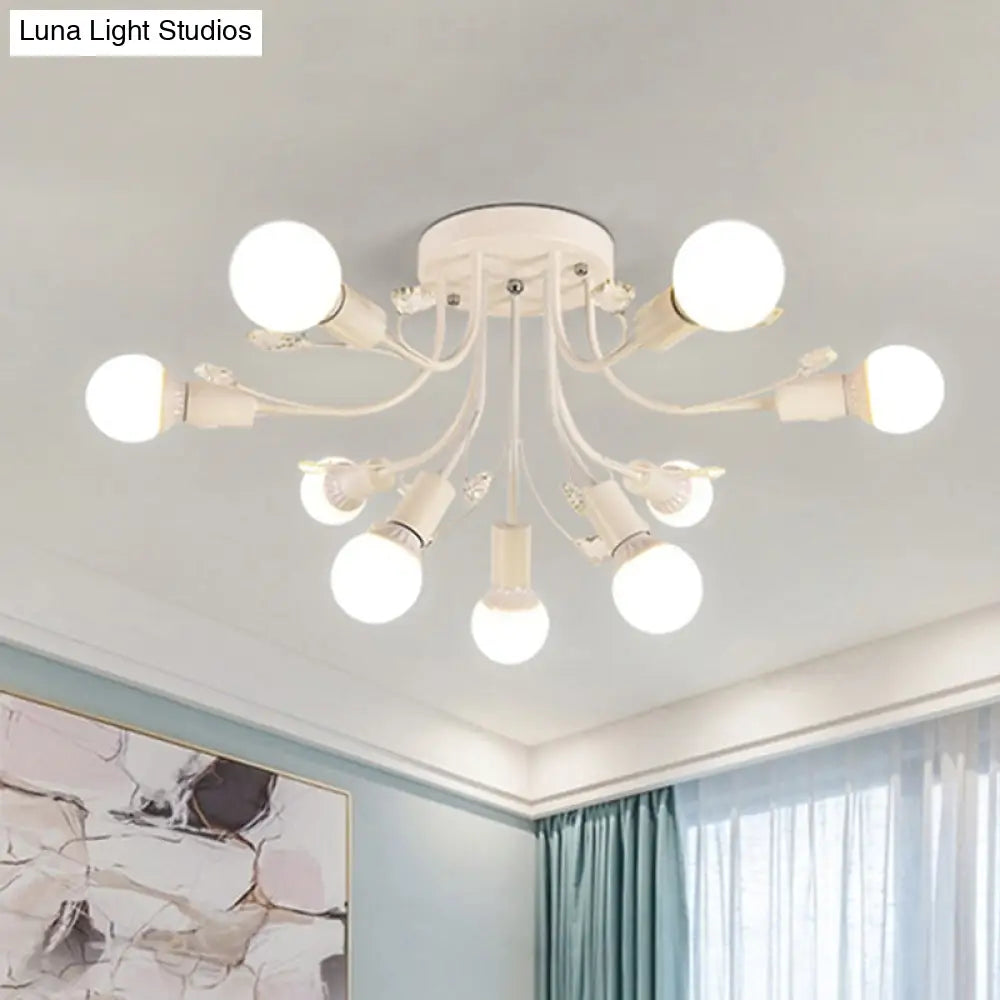 Black/White/Gold Metal Curved Arms Semi Flush Mount Light - Nordic Style 6/9 Lights Bedroom Ceiling