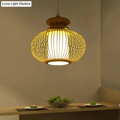 Black/Wood Bamboo Urn Pendant Light Fixture For Bedroom - 10’/12’ Wide