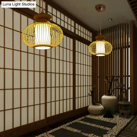 Black/Wood Bamboo Urn Pendant Light Fixture For Bedroom - 10’/12’ Wide