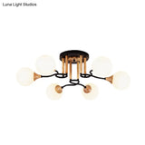 Black & Wood Sphere Semi Flush Mount Light - Modern 3/6 Lights Opal Glass Ceiling Lamp
