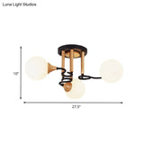 Black & Wood Sphere Semi Flush Mount Light - Modern 3/6 Lights Opal Glass Ceiling Lamp