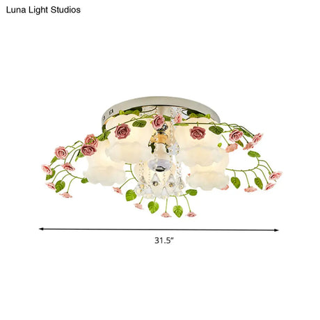 Bloom Crystal Flush Mount Ceiling Light With 5 Bulbs And White Glass Shade For Living Room