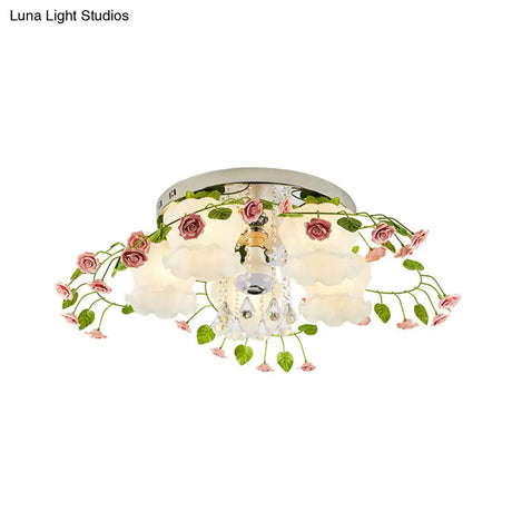 Bloom Crystal Flush Mount Ceiling Light With 5 Bulbs And White Glass Shade For Living Room