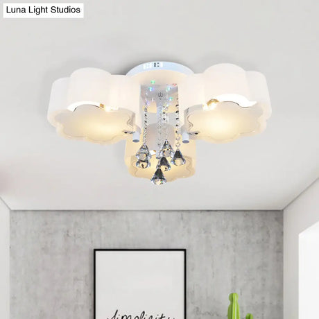 Bloom Glass Flush Mount Lamp With Crystal Draping - Contemporary Design 3/5 Heads White Light