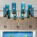 Blue/Amber Glass Cylinder Chandelier - 6/10 Lights In Gold For Modern Living Room 10 / Blue
