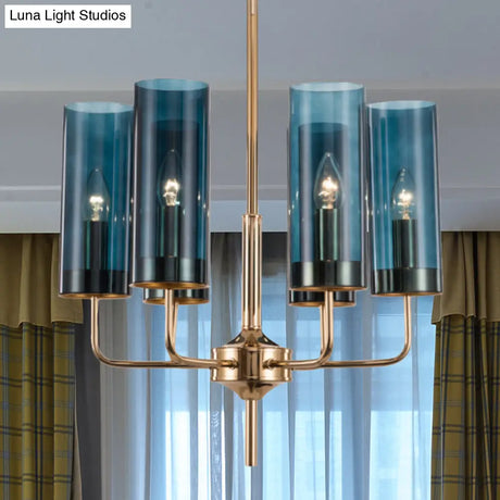 Blue/Amber Glass Cylinder Chandelier - 6/10 Lights In Gold For Modern Living Room