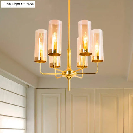 Blue/Amber Glass Cylinder Chandelier - 6/10 Lights In Gold For Modern Living Room