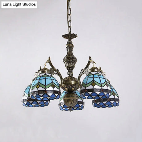 Blue Baroque Dome Stained Glass Chandelier - 5 Light Suspension Lamp For Living Room