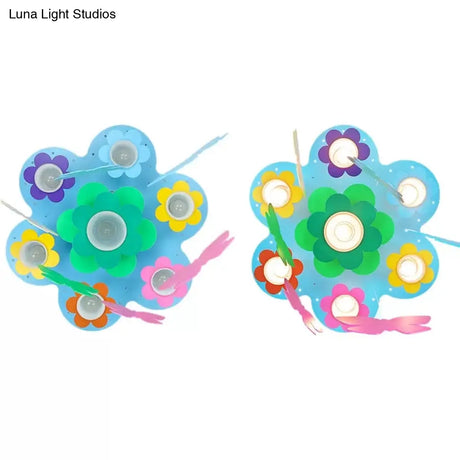 Blue Blossom Ceiling Mount Light With Hanging Butterfly: 7 - Head Wood Lamp For Child Bedroom