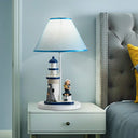 Blue Cartoon Girl/Boy Barrel Shade Night Light: Kids Fabric Table Lamp With Lighthouse Decor / Girl