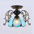 Blue/Clear Mini Flushmount With Petal Shade Tiffany 1 Light In Black Finish For Balcony Blue