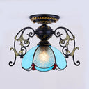 Blue/Clear Mini Flushmount With Petal Shade Tiffany 1 Light In Black Finish For Balcony Blue
