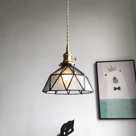 Blue/Clear Textured Glass Pendant With Brass Accents - Country Style Hanging Ceiling Light Clear