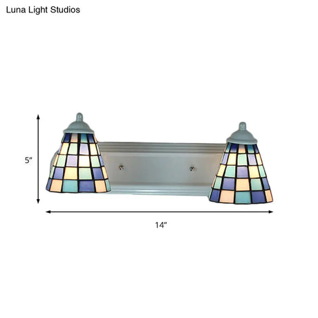 Blue Conical Glass Wall Sconce With Grid Pattern And 2 Heads - Baroque Style