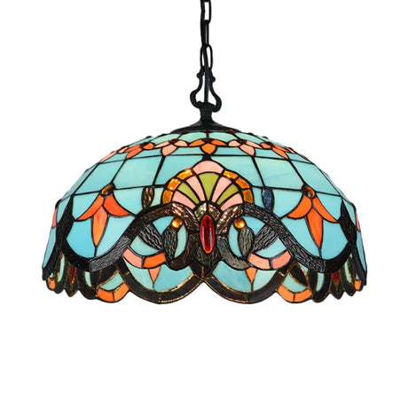 Blue Cut Glass Pendant Light Kit - Domed Mediterranean Suspension Fixture 12/16 Width 1