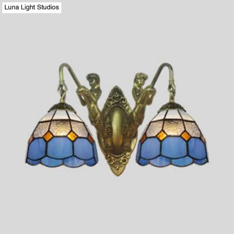 Blue Glass Antique Brass Sconce With 2 Dome Heads - Mediterranean Wall Light Fixture