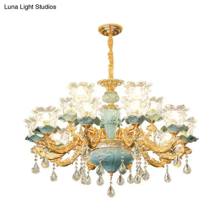 Blue Glass Chandelier Light Fixture With Crystal Accents For Traditional Flared Living Room Ceiling