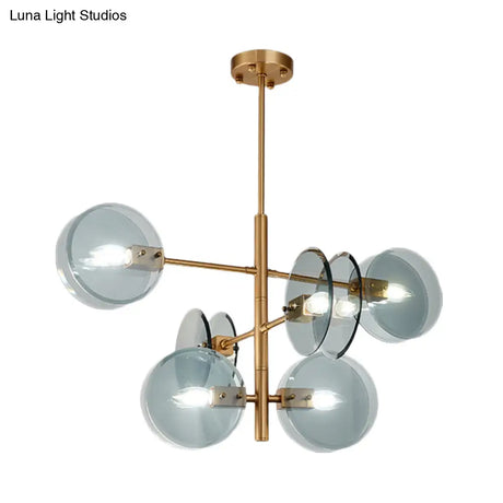 Blue Glass Mid Century 6-Bulb Brass Chandelier - Dual Flake Tiered Ceiling Pendant Light