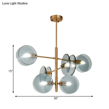 Blue Glass Mid Century 6-Bulb Brass Chandelier - Dual Flake Tiered Ceiling Pendant Light