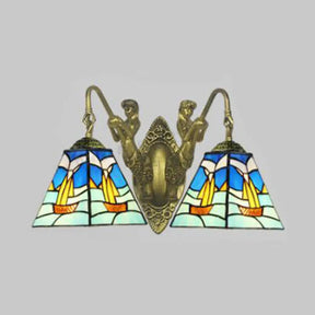 Blue Glass Sailboat Wall Sconce Light Fixture - 2 Heads Mediterranean Style