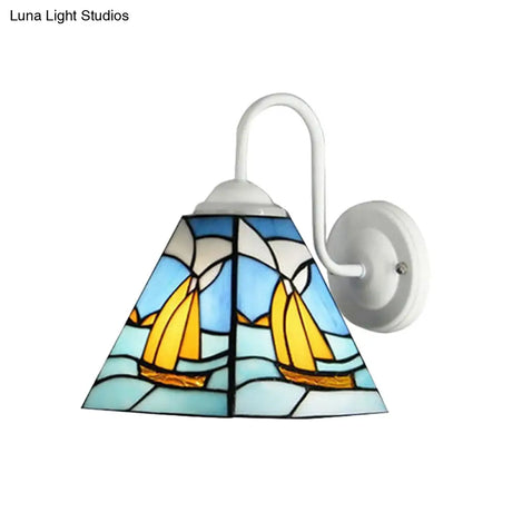 Blue Glass Wall Sconce Lighting For Mediterranean Corridor - Sailboat Design