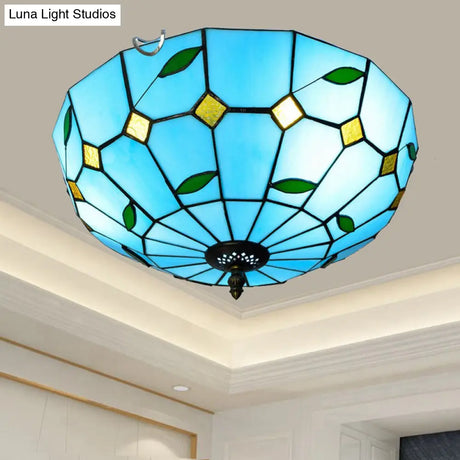 Blue Leaf Flush Ceiling Light Tiffany Stained Glass Lamp - 12’/16’ Wide 2/3 Lights