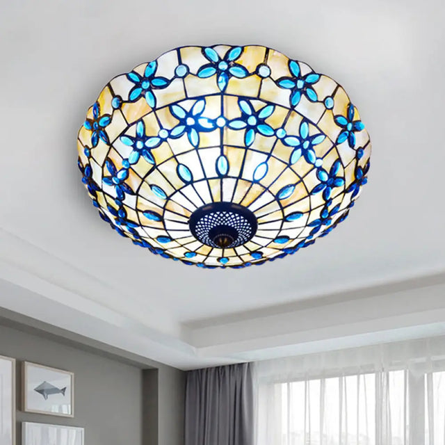 Blue Mediterranean Flush Light With 3/4 Shell Heads - 16’/21’ Width / 16’