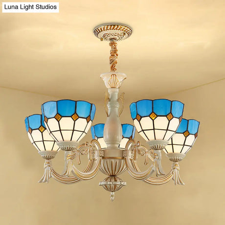 Blue Mediterranean Glass Pendant Chandelier With 5 Lights For Hallway