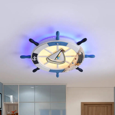Blue Metallic Rudder Kids Led Flushmount Ceiling Lamp With Acrylic Shade