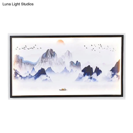 Blue Mountains Asian Led Fabric Wall Mount Light Fixture For Living Room - Patterned Mural
