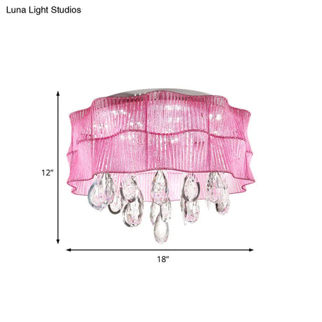 Blue/Pink Flower Flush Ceiling Lamp - Led Contemporary Fabric With Crystal Accents Bedroom Lighting