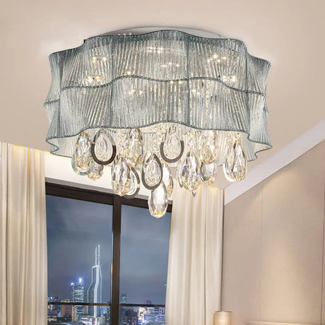 Blue/Pink Flower Flush Ceiling Lamp - Led Contemporary Fabric With Crystal Accents Bedroom Lighting