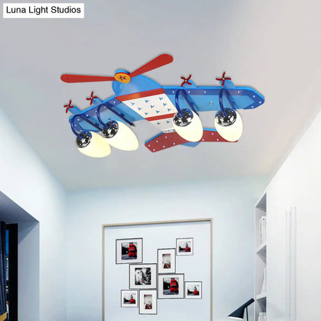 Blue Plane Ivory Glass Flushmount Lighting For Boys Bedroom - 3/4 Heads Ceiling Fixture