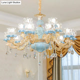 Blue Ribbed Glass Chandelier With Crystal Draping Classic Pendant Lighting For Living Room