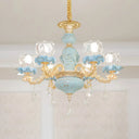 Blue Ribbed Glass Chandelier With Crystal Draping Classic Pendant Lighting For Living Room 6 /