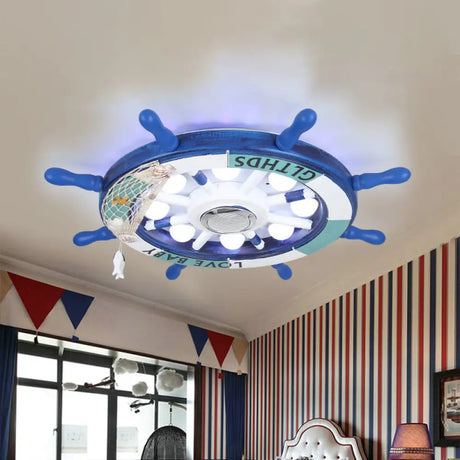 Blue Rudder Led Flush Light Fixture: 18’/25.5’ W Wooden Mount For Boys Bedroom / 18’