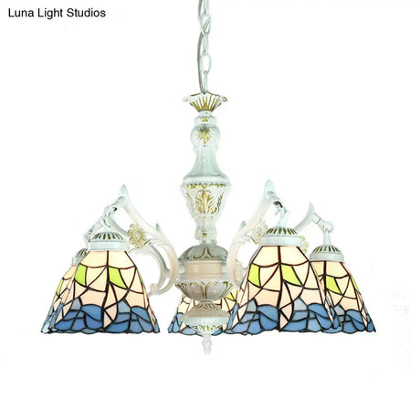 Blue Stained Glass 5-Light Chandelier With Adjustable Chain For Foyer