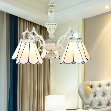 Blue Stained Glass 5-Light Chandelier With Adjustable Chain For Foyer / Gem