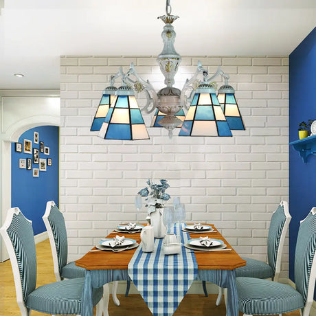 Blue Stained Glass 5-Light Chandelier With Adjustable Chain For Foyer / Square