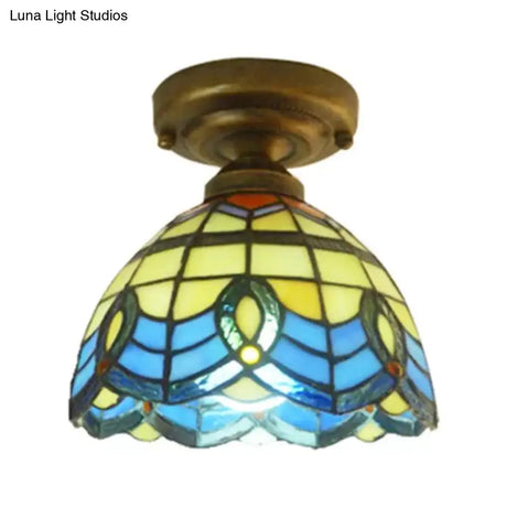 Blue Stained Glass Ceiling Light - Baroque Style Semi Flush Mount With Bell Shade