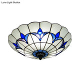 Blue Stained Glass Ceiling Light - Tiffany Style Floral Shade 3 - Light Flush Mount For Bedroom