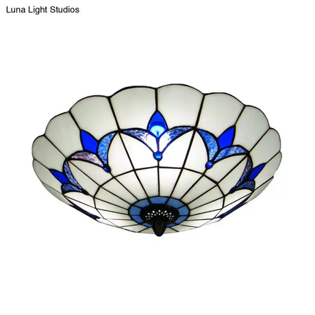Blue Stained Glass Ceiling Light - Tiffany Style Floral Shade 3 - Light Flush Mount For Bedroom