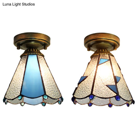 Blue Stained Glass Cone Flush Light - Lodge Style Ceiling Fixture For Corridor